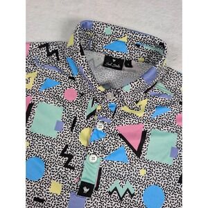 Bad Birdie 90s Retro Memphis Style Polo Shirt Mens Small Multicolor AOP